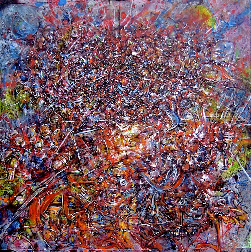 Mutilator album cover painting by Boxguts, filled with layered faces, creatures, and inter dimensional forms