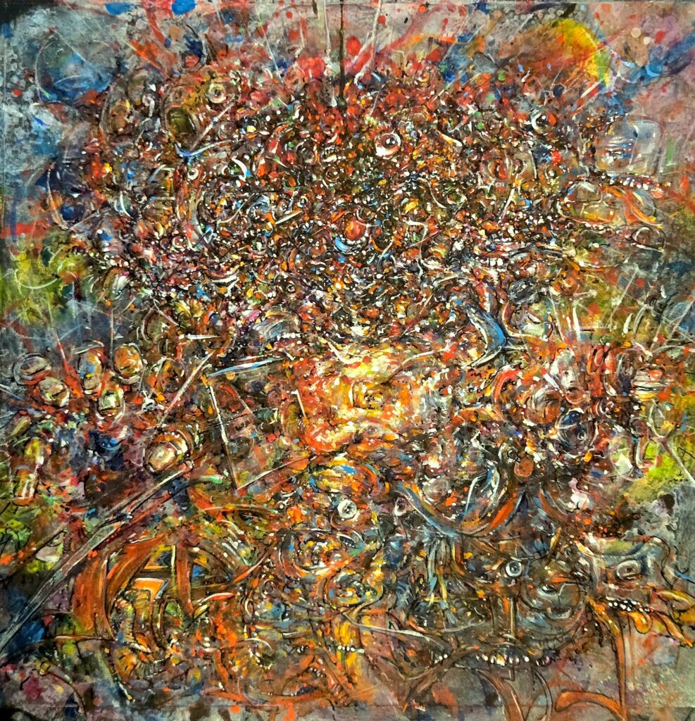 Mutilator album-cover painting by Boxguts, filled with layered faces, creatures, and interdimensional forms